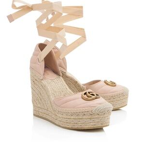 Authentic Gucci Matelasse GG Marmont Ankle Wrap Platform Espadrille Wedges